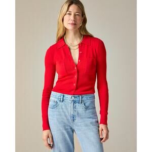 J. Crew Collared Button-Up Sweater Merino Wool Blend Ribbed Bright Rouge Red XXS